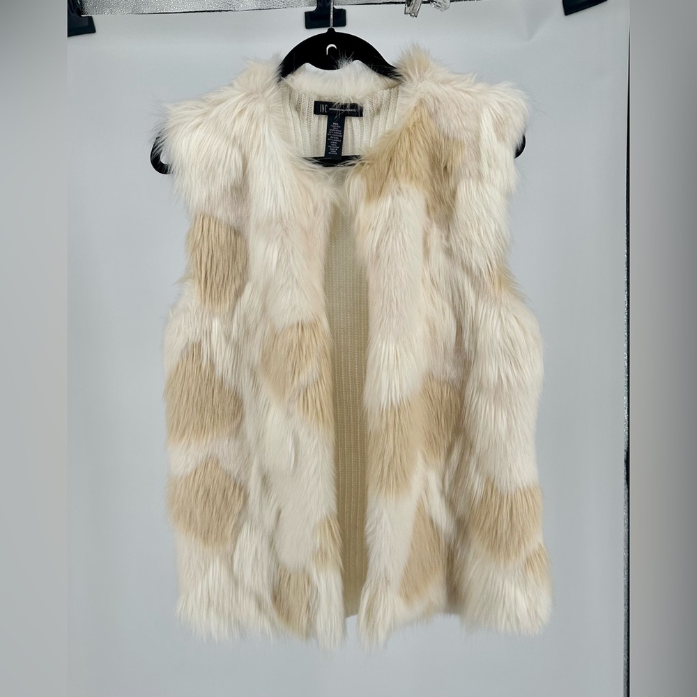 INC Luxurious Faux Fur Vest - Cream Beige Patchwork Design